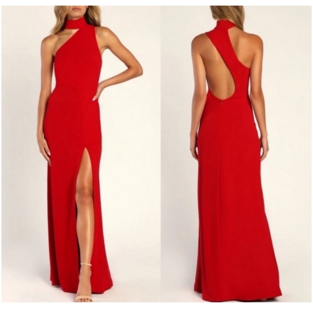 NWT Lulus Keep It Interesting Red Asymmetrical Cutout Halter Maxi Dress XS